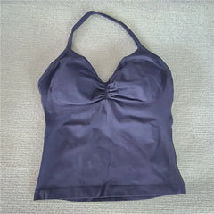 HBC women’s V-neck seamless padded gym tank top, strappy longline sports vest.