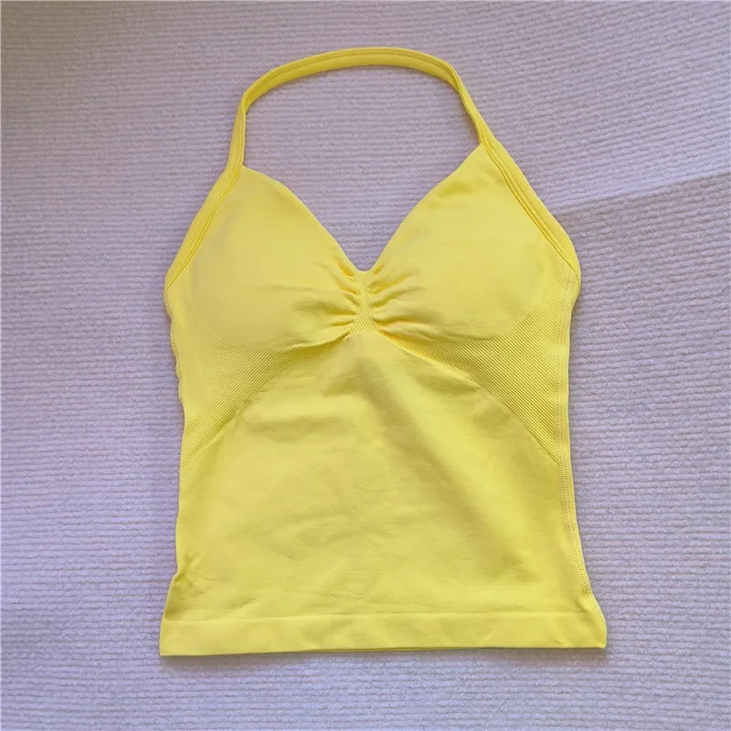 HBC women’s V-neck seamless padded gym tank top, strappy longline sports vest.