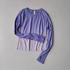 Women's tie-dye long-sleeve workout top for yoga, running, and gym.