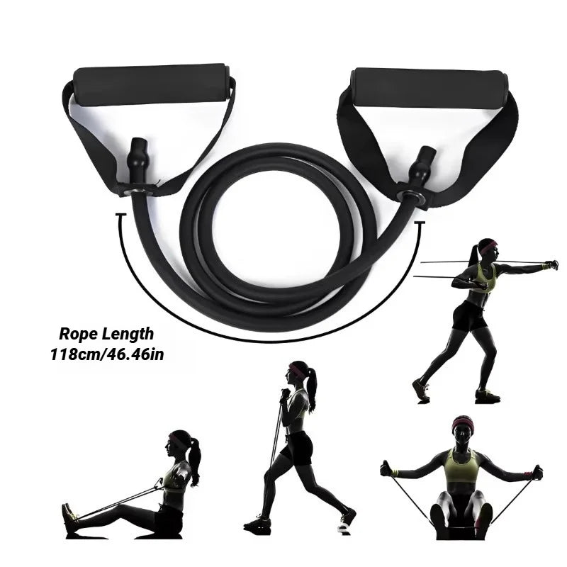5-level resistance bands with handles for home workout, strength training, and full-body fitness exercises.