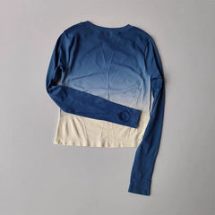 Women's tie-dye long-sleeve workout top for yoga, running, and gym.