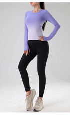 Women's tie-dye long-sleeve workout top for yoga, running, and gym.