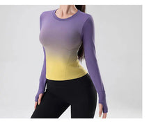 Women's tie-dye long-sleeve workout top for yoga, running, and gym.