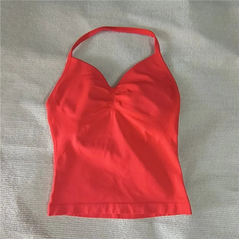 HBC women’s V-neck seamless padded gym tank top, strappy longline sports vest.