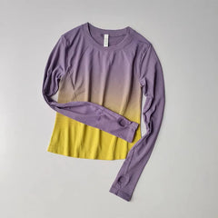 Women's tie-dye long-sleeve workout top for yoga, running, and gym.