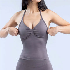 HBC Women’s V-Neck Seamless Padded Gym Tank Top – Strappy Longline Sports Vest