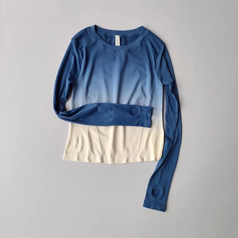 Women's tie-dye long-sleeve workout top for yoga, running, and gym.