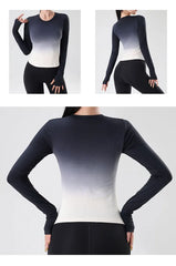 Women's tie-dye long-sleeve workout top for yoga, running, and gym.