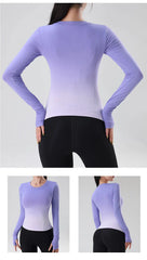 Women's tie-dye long-sleeve workout top for yoga, running, and gym.