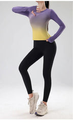 Women's tie-dye long-sleeve workout top for yoga, running, and gym.