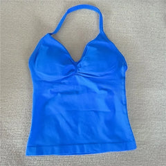 HBC women’s V-neck seamless padded gym tank top, strappy longline sports vest.