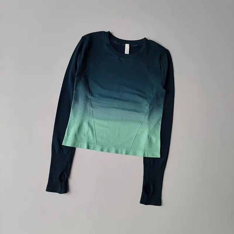 Women's tie-dye long-sleeve workout top for yoga, running, and gym.