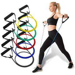 5-level resistance bands with handles for home workout, strength training, and full-body fitness exercises.