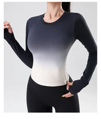 Women's tie-dye long-sleeve workout top for yoga, running, and gym.