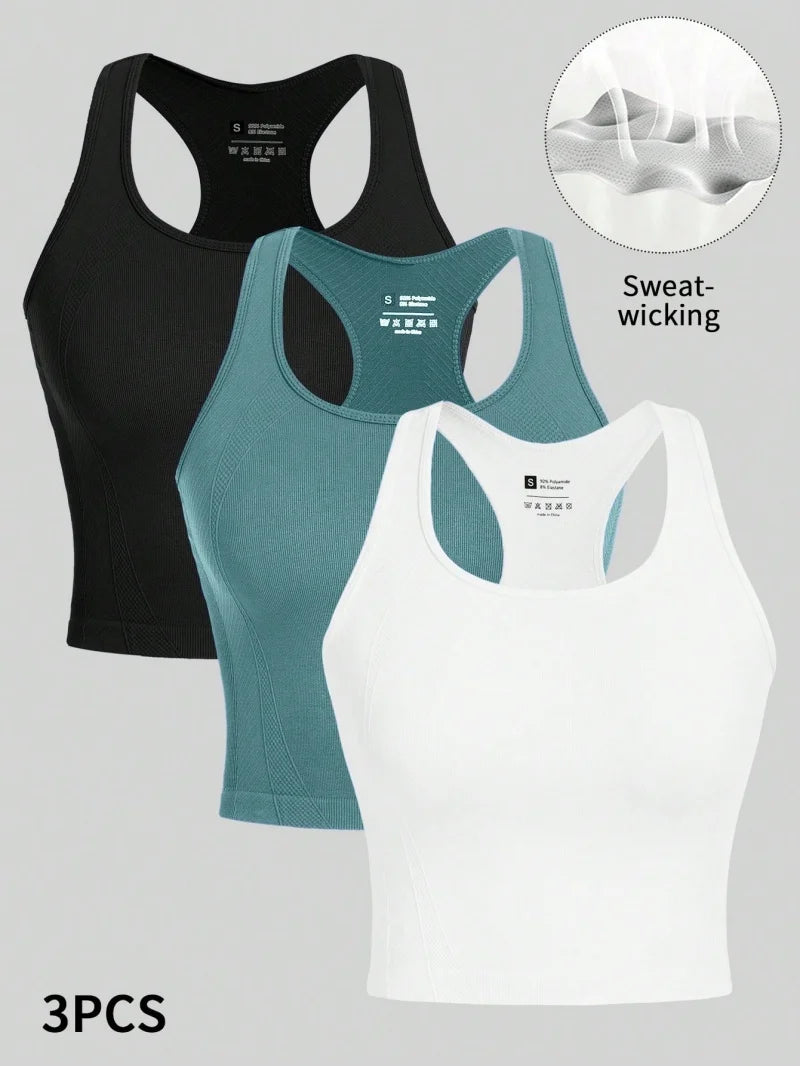 3-Piece Racerback Yoga Crop Tops | Seamless Rib Knit Gym Vest | Befit