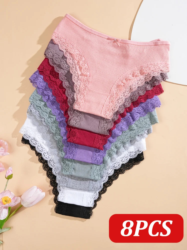 8PCS Women's Cotton Lace Panties | Double Strap Bikini Sets | Befit