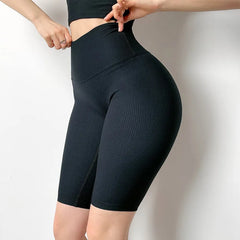 SOISOU Rib Fabric Women's Shorts High Waist Cycling Shorts Women Gym Running Yoga Shorts Tight Fitness Threaded Womens Clothing