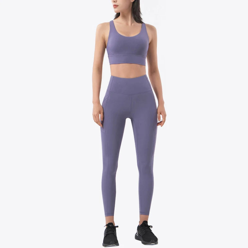 SOISOU New Women's Tracksuit Yoga Set Fitness Sportswear Stretch Soft Sports Suit Gym Clothes Bra Pocket Leggings Women's Suit
