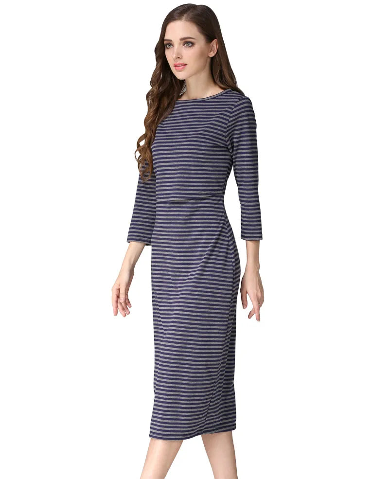 Spring Striped Maternity & Nursing Dress - Long Sleeve Breastfeeding Pregnancy Wear