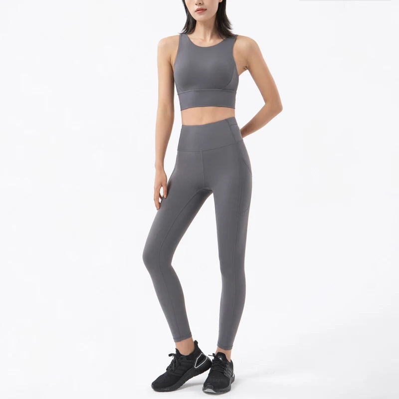 SOISOU New Women's Tracksuit Yoga Set Fitness Sportswear Stretch Soft Sports Suit Gym Clothes Bra Pocket Leggings Women's Suit
