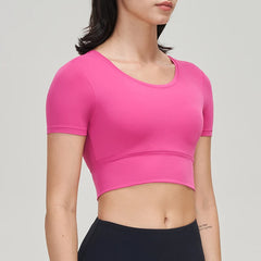 women's nylon gym crop top with removable chest pads, breathable and elastic yoga sport shirt in 6 colors.
