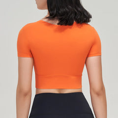 women's nylon gym crop top with removable chest pads, breathable and elastic yoga sport shirt in 6 colors.