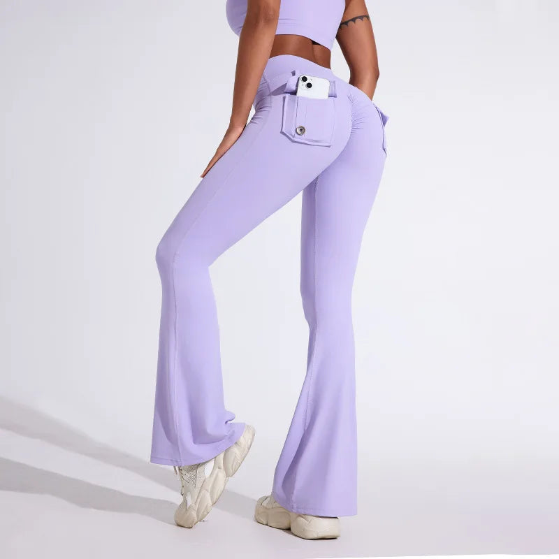 QINACTIVE Fashion Back Pocket  Flared Pants Women Tight-Fit Sexy Slim High Waist Pants Push Up Sport Fitness Flare Leggings