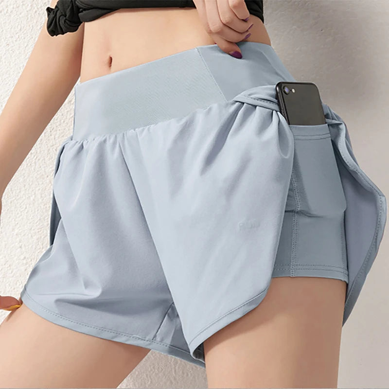 SOISOU Gym Yoga Women's Cycling Shorts Tight Skirt Fitness Elastic High Waist Double Layer Ladies Short Security Leggings Women