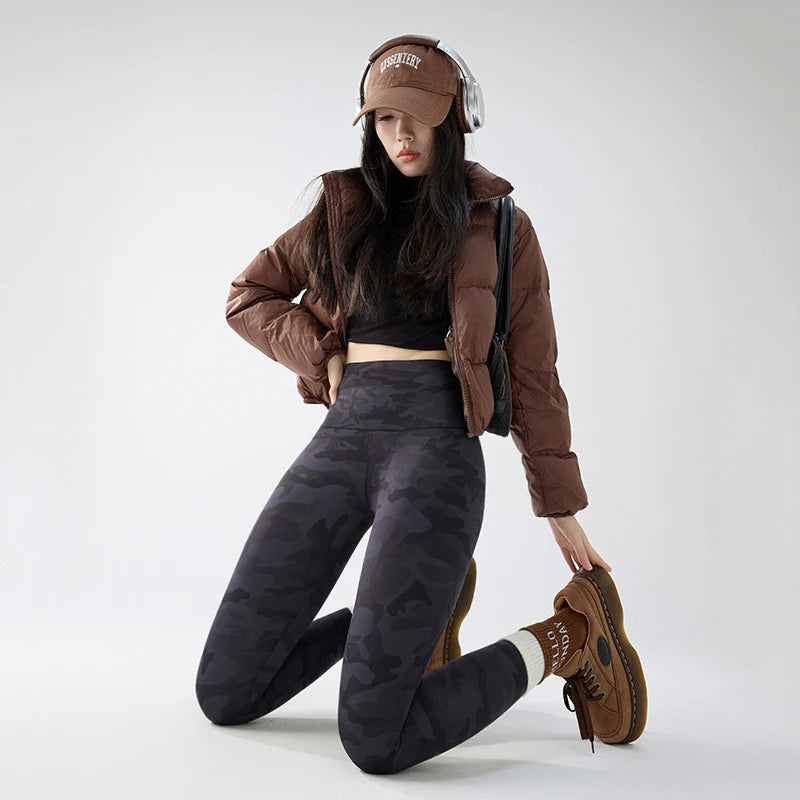 BIVIGAOS 2024 Autumn Winter Camouflage Sharkskin Leggings Brushed Shark Pants Women Thin Fleece Warm Casual Fashion Leggings