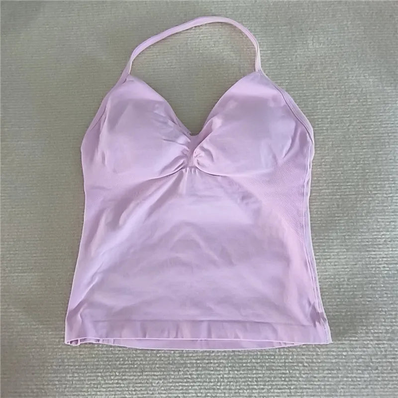 HBC women’s V-neck seamless padded gym tank top, strappy longline sports vest.