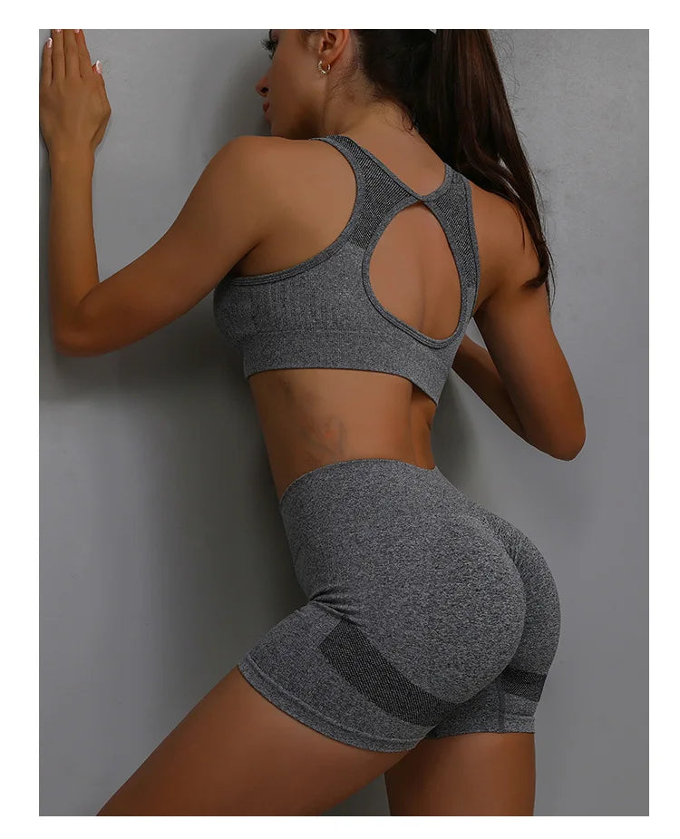 2 Pcs Yoga Set Women Hollow Back Sports Bra+Hip Lifting Sports Shorts Workout Set Seamless Fitness Gym Set Sportswear Tracksuit