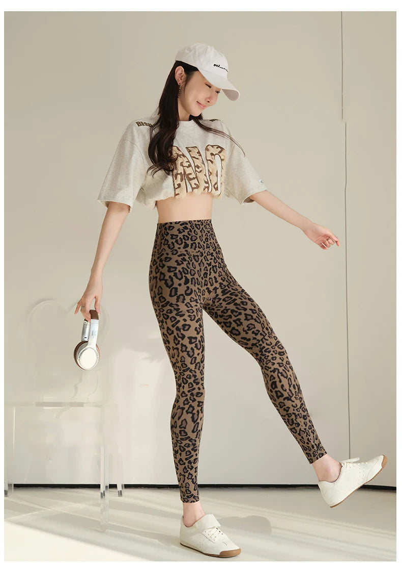 BIVIGAOS 2025 Spring Summer New Pink Leopard Print Sharkskin Leggings Women High Waist Seamless Tight Sexy Sport Fitness Legging