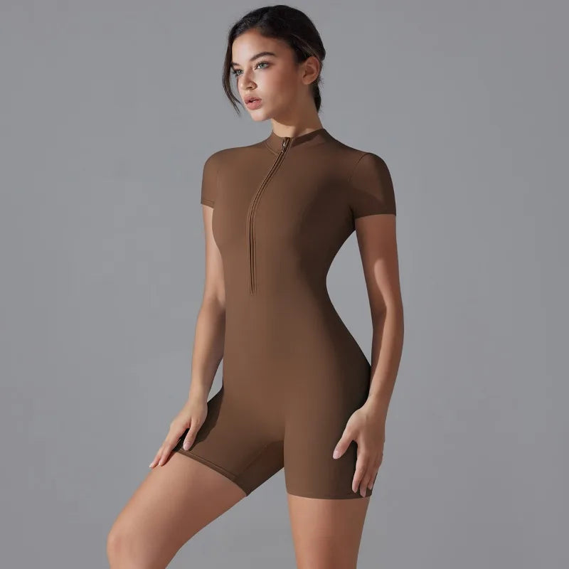 Summer Zipper Workout Jumpsuit Sports Overalls Women Gym Clothing Running Fitness Suits Gym Tracksuit Short Sportswear Yoga Set