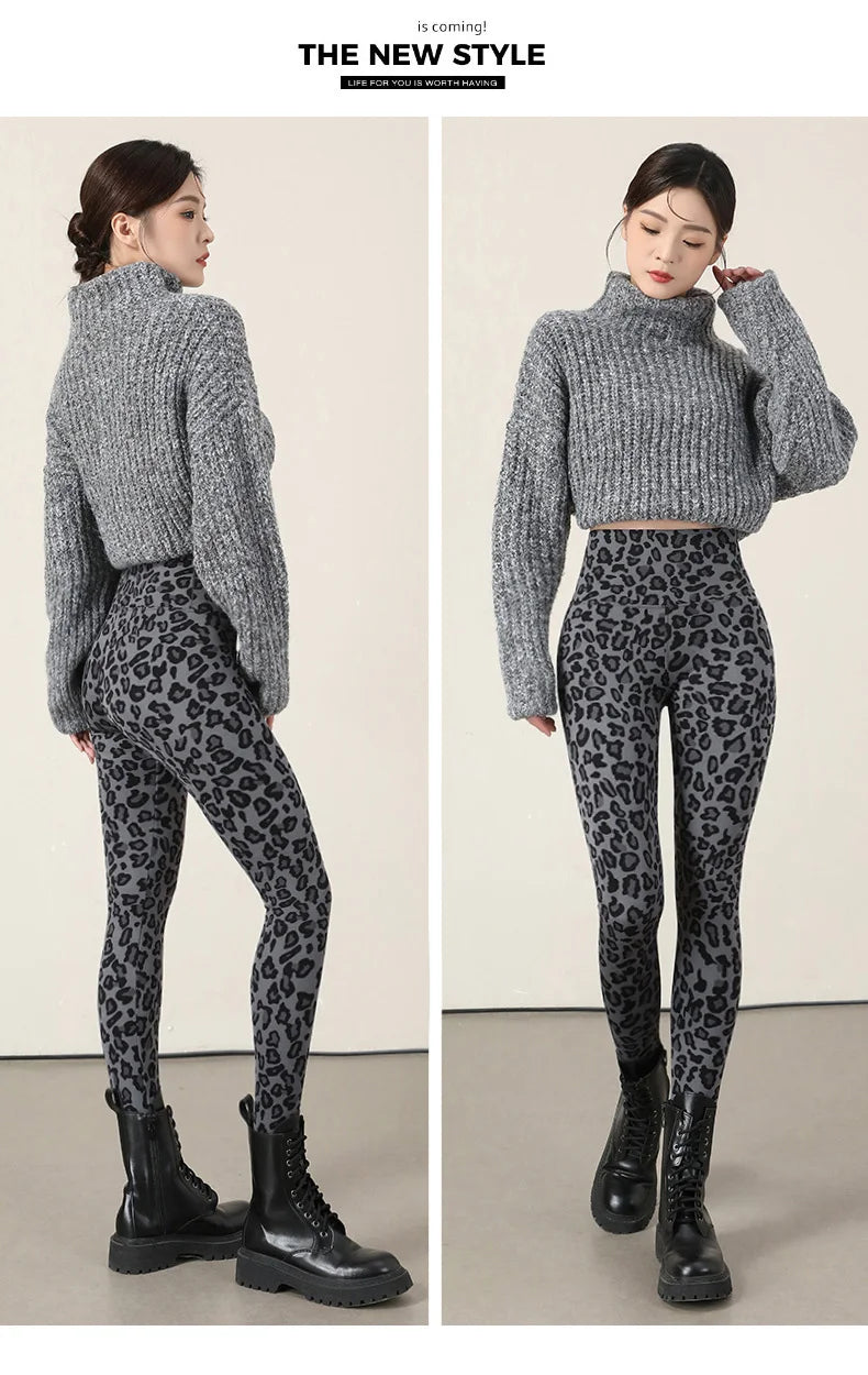 BIVIGAOS New Autumn Winter Thin Velvet Fashion Leopard Sharkskin Leggings Women High Waisted Sexy Slim Tight Warm Leggings