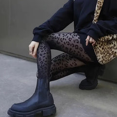 Women’s Sheer Leopard Pattern Tights – Black Vintage Pantyhose