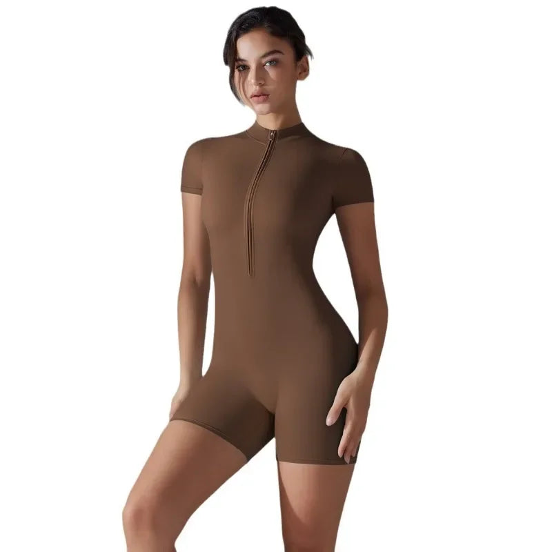 Summer Zipper Workout Jumpsuit Sports Overalls Women Gym Clothing Running Fitness Suits Gym Tracksuit Short Sportswear Yoga Set