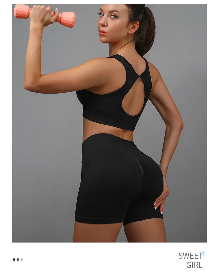 2 Pcs Yoga Set Women Hollow Back Sports Bra+Hip Lifting Sports Shorts Workout Set Seamless Fitness Gym Set Sportswear Tracksuit