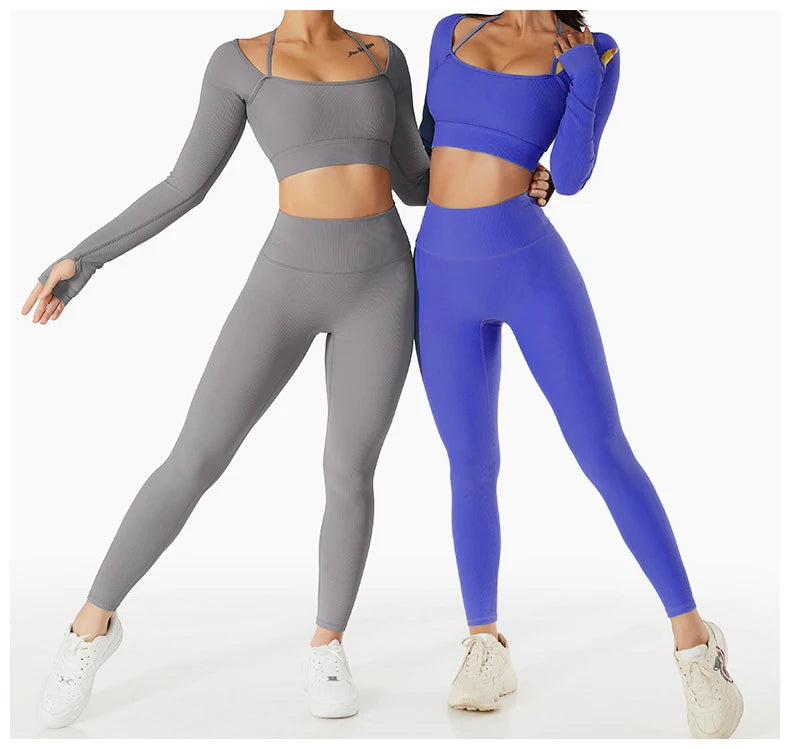 Ribbed halter long sleeve yoga top for women.