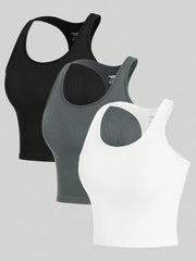3-Piece Women's Racerback Yoga Vest - Seamless Rib Knit Crop Tops