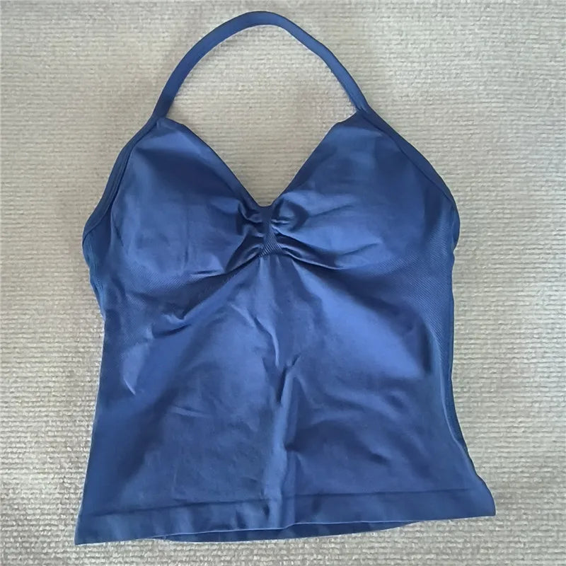 HBC women’s V-neck seamless padded gym tank top, strappy longline sports vest.