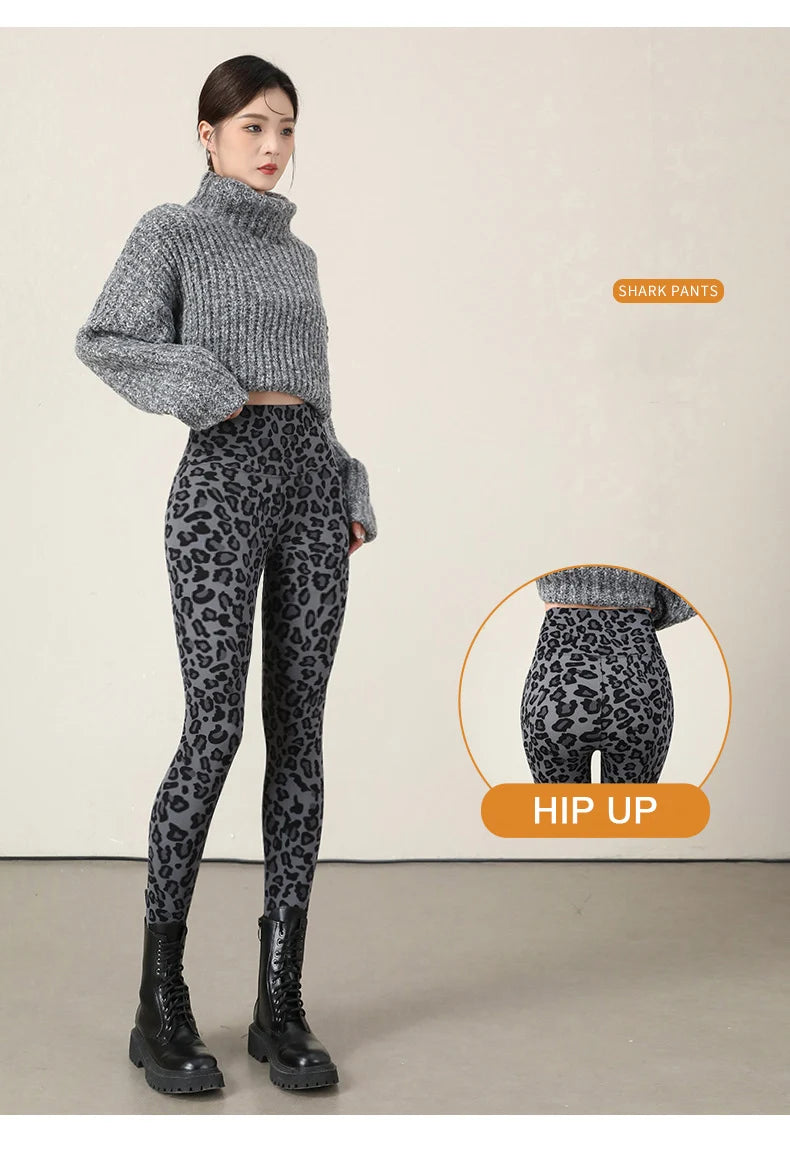 BIVIGAOS New Autumn Winter Thin Velvet Fashion Leopard Sharkskin Leggings Women High Waisted Sexy Slim Tight Warm Leggings