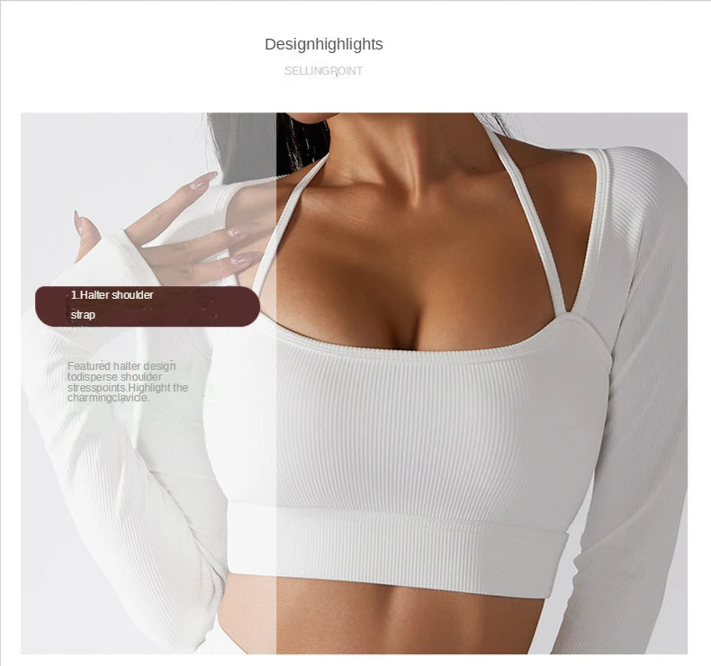 SOISOU Rib Fabric Yoga Shirts Crop Top Seamless Long Sleeve Sports Bra Sport Fitness Workout Tops Gym t Shirt Women 7 Colors
