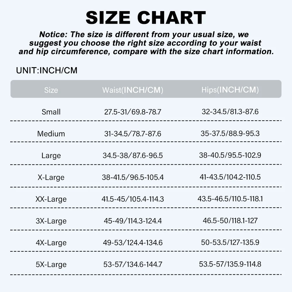 Size chart for clothing measurements in inches and centimeters