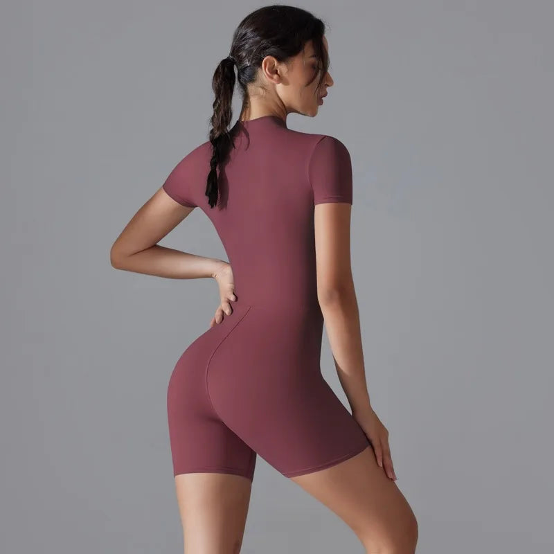 Summer Zipper Workout Jumpsuit Sports Overalls Women Gym Clothing Running Fitness Suits Gym Tracksuit Short Sportswear Yoga Set