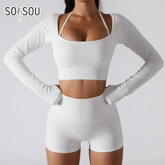 SOISOU Rib Fabric Yoga Shirts Crop Top Seamless Long Sleeve Sports Bra Sport Fitness Workout Tops Gym t Shirt Women 7 Colors