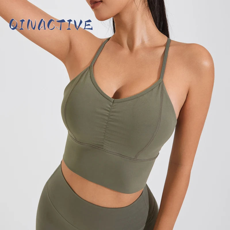 QINACTIVE Women’s Stylish Pleated Sports Bra – Beautiful Back & Quick-Dry Fit