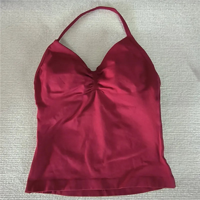 HBC women’s V-neck seamless padded gym tank top, strappy longline sports vest.