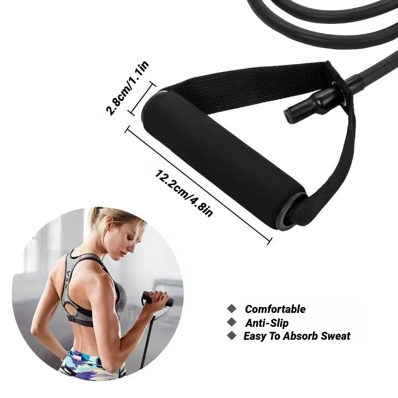 5-level resistance bands with handles for home workout, strength training, and full-body fitness exercises.
