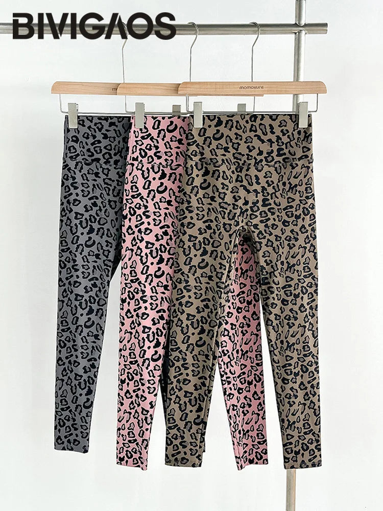 BIVIGAOS 2025 Spring Summer New Pink Leopard Print Sharkskin Leggings Women High Waist Seamless Tight Sexy Sport Fitness Legging