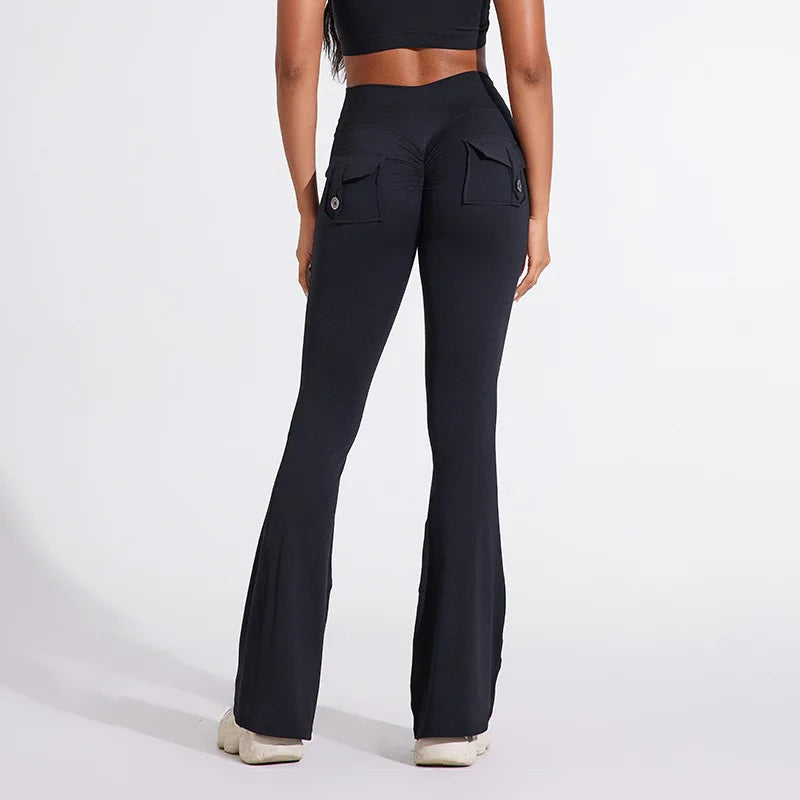 QINACTIVE Fashion Back Pocket  Flared Pants Women Tight-Fit Sexy Slim High Waist Pants Push Up Sport Fitness Flare Leggings